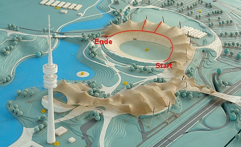 Model of the Olympia terrain with red marked tentrooftour