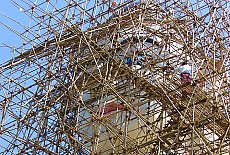 On Bamboo scaffold of giant Buddha Hsehtatgyi in Pyay