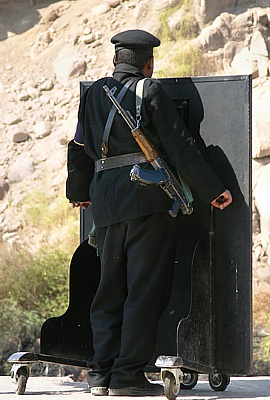 Egyptian security soldier with machine gun and shield