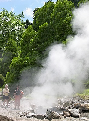 Steam clouds on the lakeside of Lagoa Furnas
