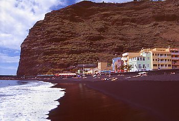 Black lava sand beach at the port of Tazacorte