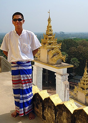 Sai, our Burmese Travel Guide on the top platform of the Mahazedi Pagoda in Bago