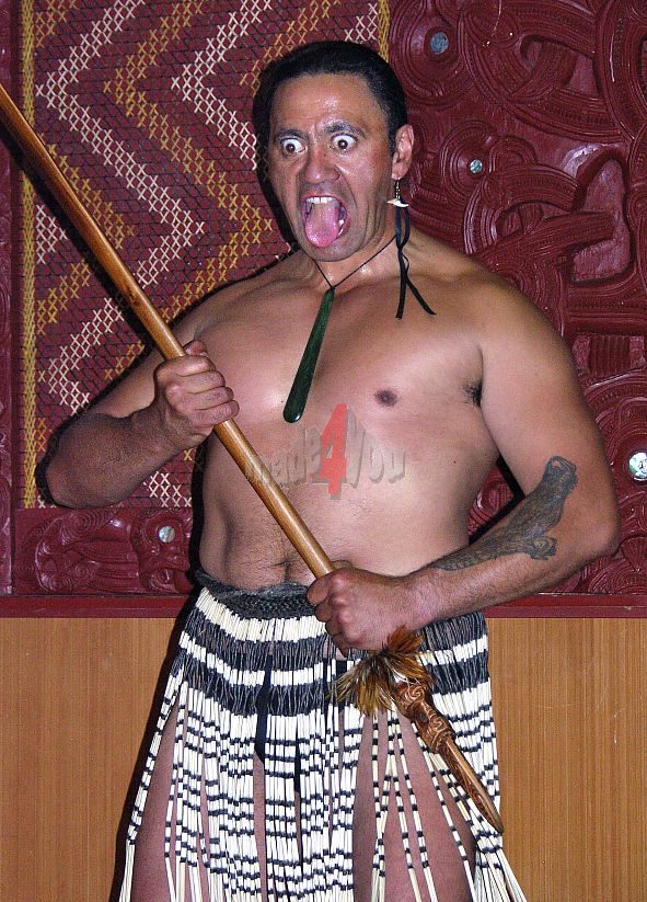 Threatening gesture of Maori warrior