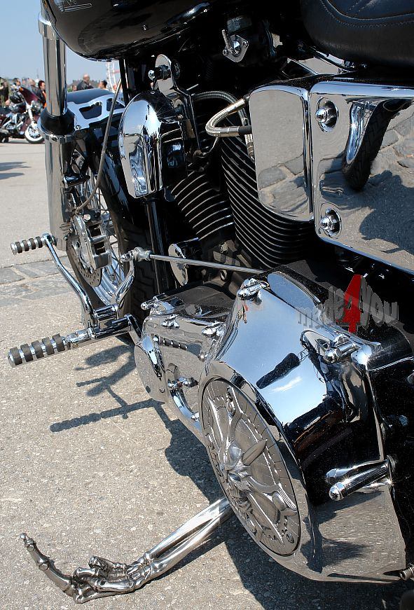 Harley Davidson with silver handbone as kickstand