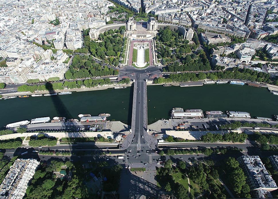 Lookout from Eiffel Tower downto Place du Trocadero and river Seine