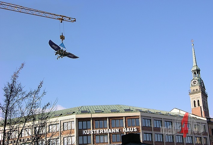 Hover on crane hook above Viktualienmarket in Munich
