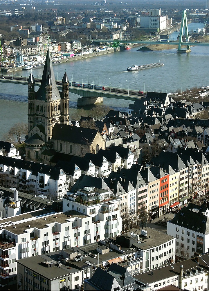 View from Cologne Gothic Dome down to river Rhein