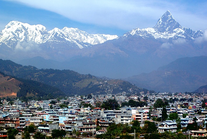 View from Pokhara to Annapurna South and Machhapuchare