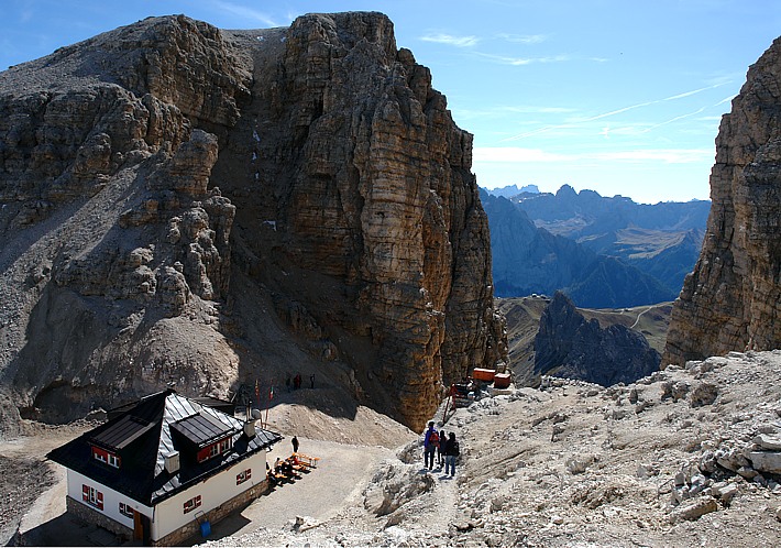 Alpine hut on Pordoi wind gap