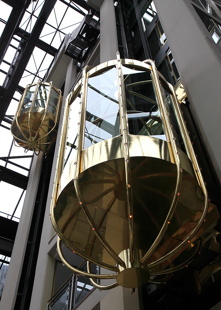 Golden indoor elevator Hotel Maritim Heumarket in Cologne