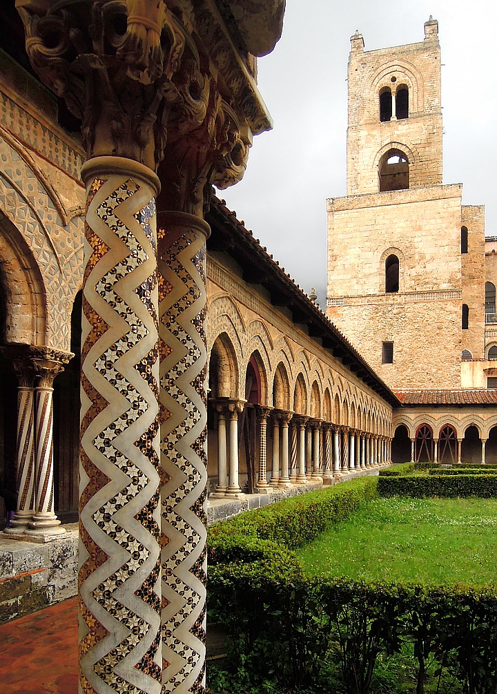 Marble columns at monastery colonnade in Monreale