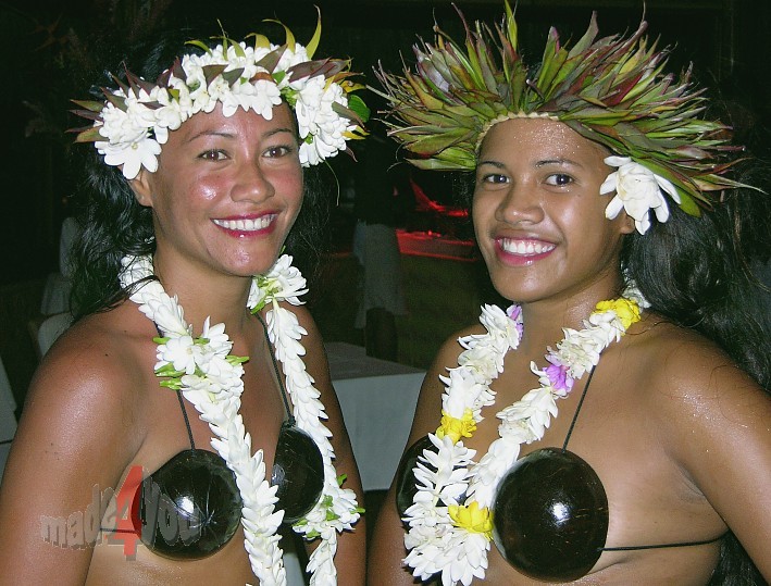 Beautiful Polynesian girls with coconut bikinis on Bora Bora