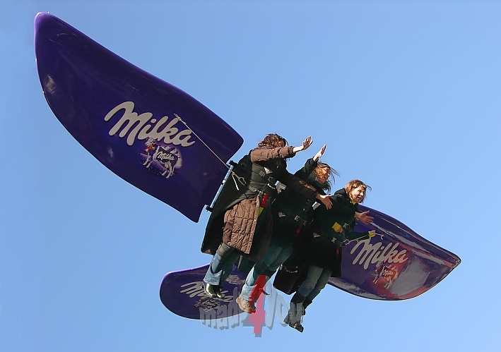 Flying with the Milka Cow on crane hook