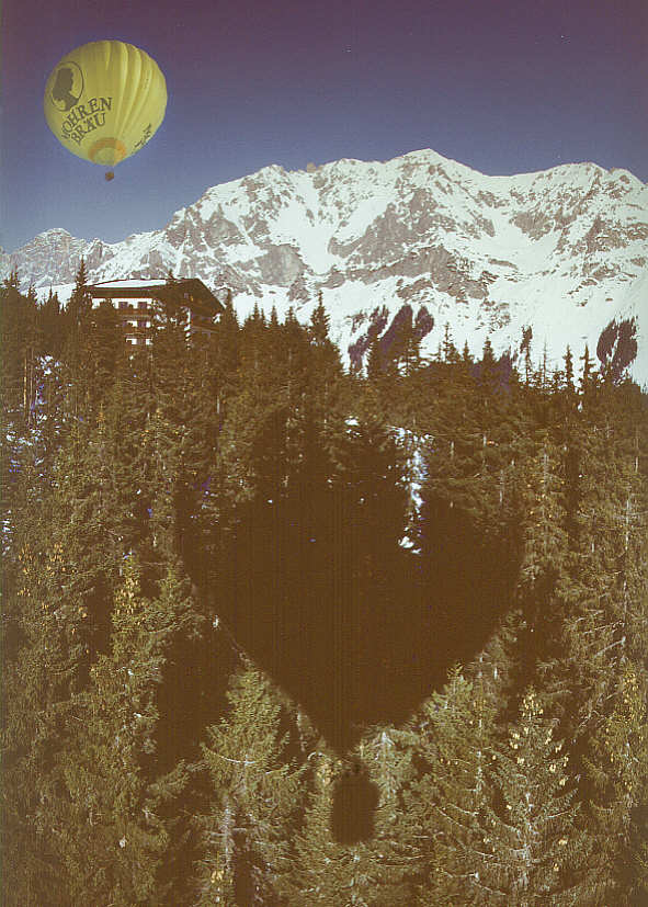 Balloon shadow above European spruce forest