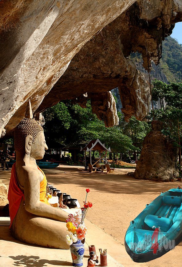 Hhleneingang mit Buddhas zur Paddelboottour im Khao Sok Nationalpark