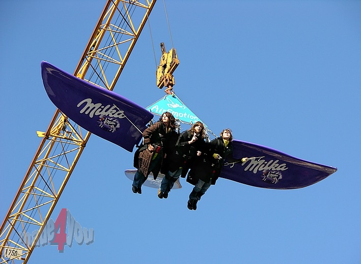 Flying with the Milka Cow on crane hook