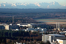 View from Unterhaching towards the snowcovered Alps and Zugspitze Mountain