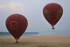 Balloons over Bagan over Ayeyarwady river