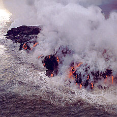 Red-hot Lava flows into the pacific ocean
