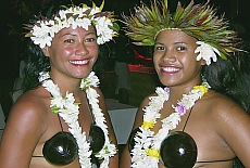 Beautiful Polynesian girls with coconut bikinis on Bora Bora
