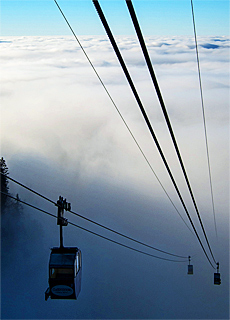 Kampenwand cabins cable car in thick fog