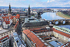 Blick von der Frauenkirche hinunter auf Residenzschloss und Zwinger