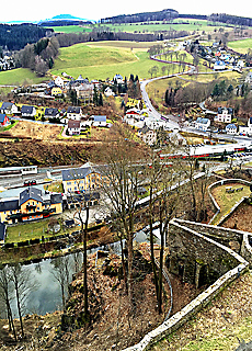 Postcard landscape Erzgebirge at Castle Wolkenstein