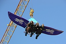 Flying with the Milka Cow on crane hook