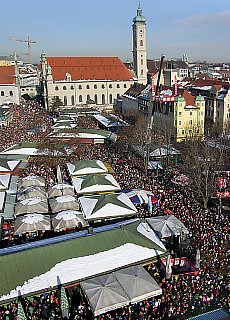 Flying Milka Cow, hover high above Viktualienmarket in Munich