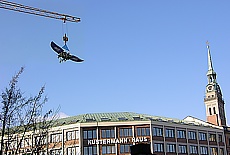 Hover on crane hook above Viktualienmarket in Munich