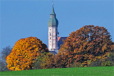 View from moraine hill downto Monastery Andechs in autumn