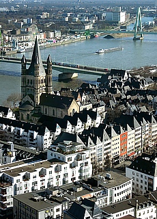 View from Cologne Gothic Dome down to river Rhein