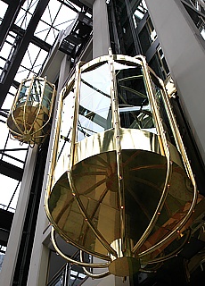 Golden indoor elevator Hotel Maritim Heumarket in Cologne