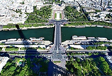 Lookout from Eiffel Tower downto Place du Trocadero and river Seine