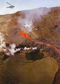 Active volcano Piton Fournaise spewing redhot lava