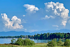 View from Inn Seeseiten towards Seeshaupt at lake Starnberger See