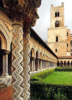 Marble columns at monastery colonnade in Monreale