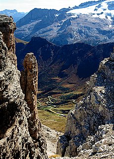 View from Passo Pordoi downto the Dolomite highway